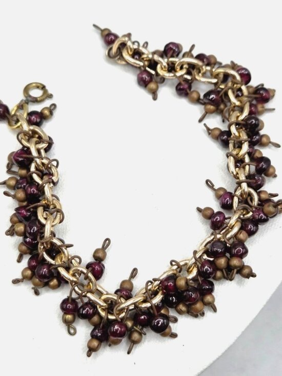 Vintage Gold-Tone Chain Bracelet With Dangling Red & Bronze Beads - Picture 1 of 2